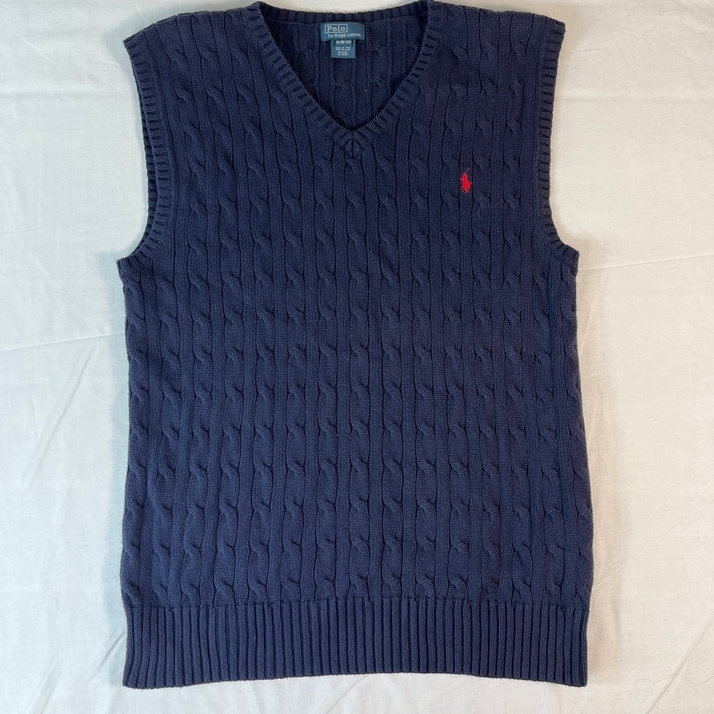Polo Ralph Lauren Sweater Vest Kids XL Navy Blue Excellent Cable Knit V-Neck